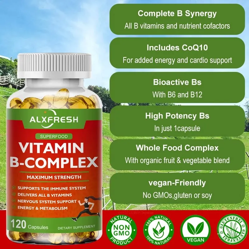 Vitamin B Kompleks Alxfresh dengan Vitamin C - Sokongan Tenaga Kesihatan Imun & Sokongan Sistem Saraf - Kapsul Vegetarian Bukan GMO — image 3