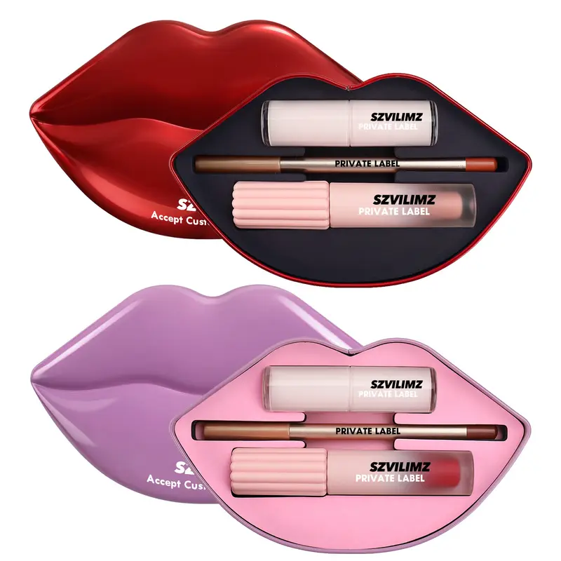 Kit de maquillaje de labios, etiqueta privada, brillo de labios, delineador de lápiz, bálsamo, brillo de labios brillante mate, venta al por mayor, 3 en 1 caja de regalo — image 2