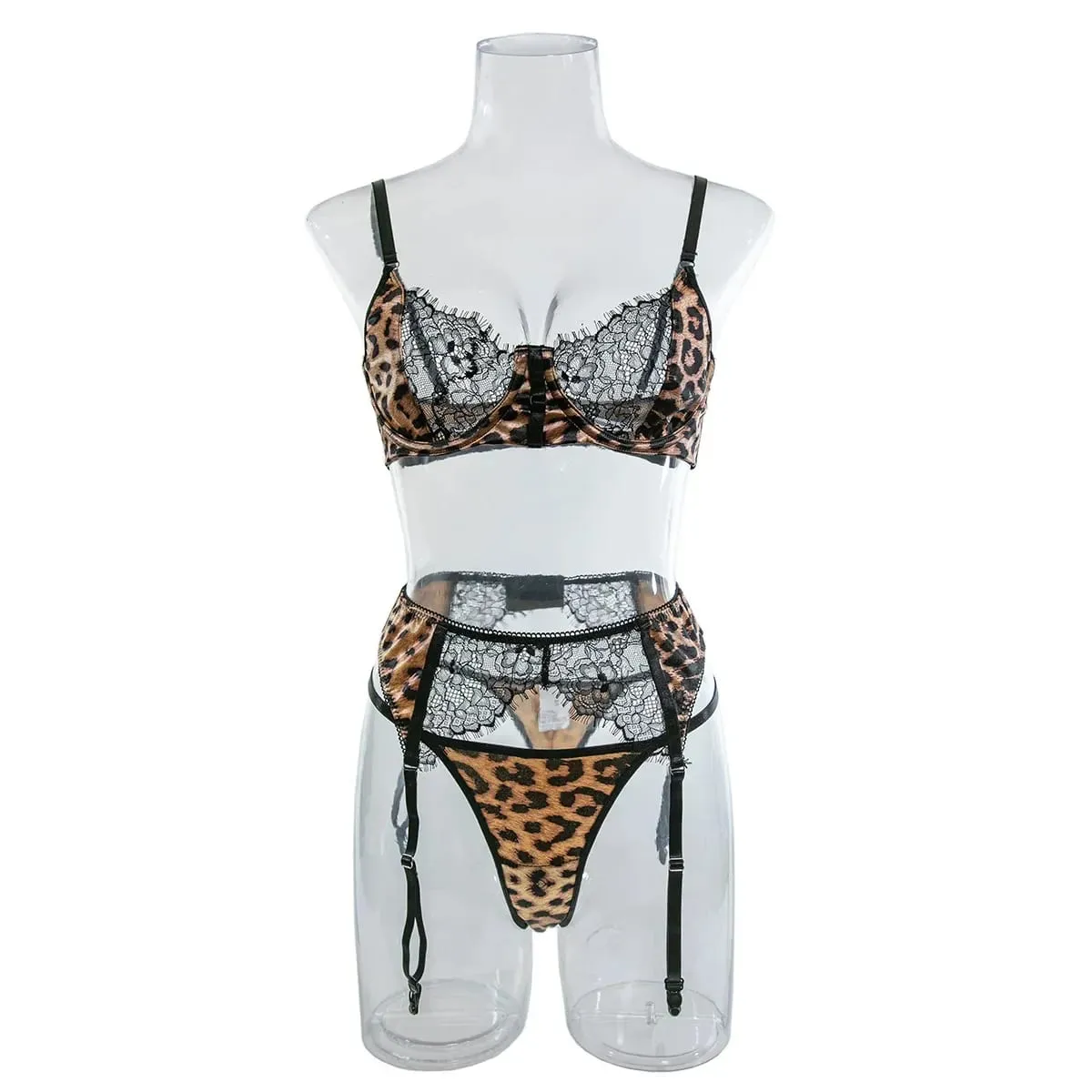 Sexet vild leopardtrykt blonde patchwork dameundertøjssæt Komfortabel tredelt bh og trussesæt eksotisk tøjsæt til kvinder — image 2