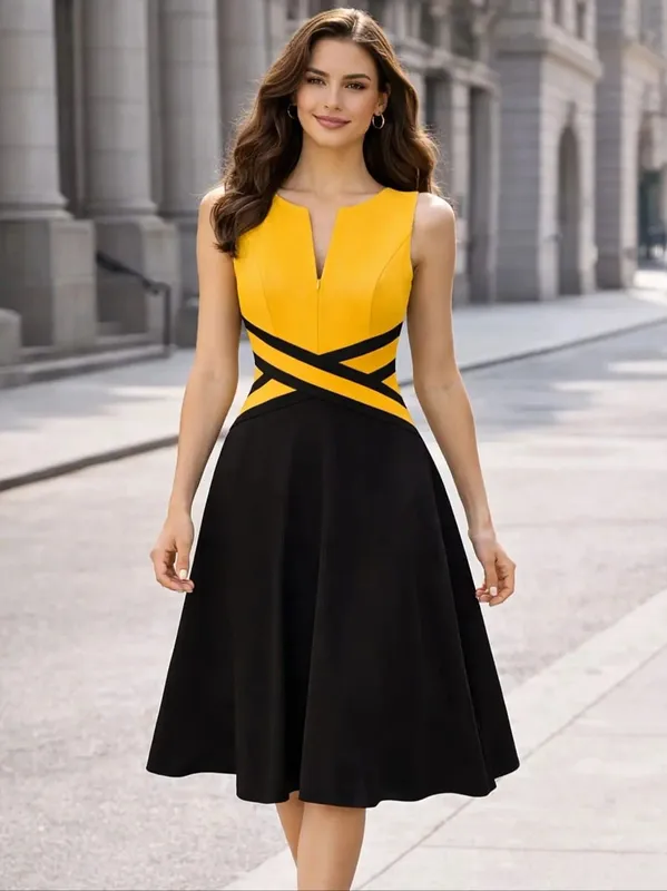 Abito da donna elegante senza maniche con cerniera frontale da lavoro da ufficio, linea ad A, colorblock, casual, da festa, vestibilità slim e svasato