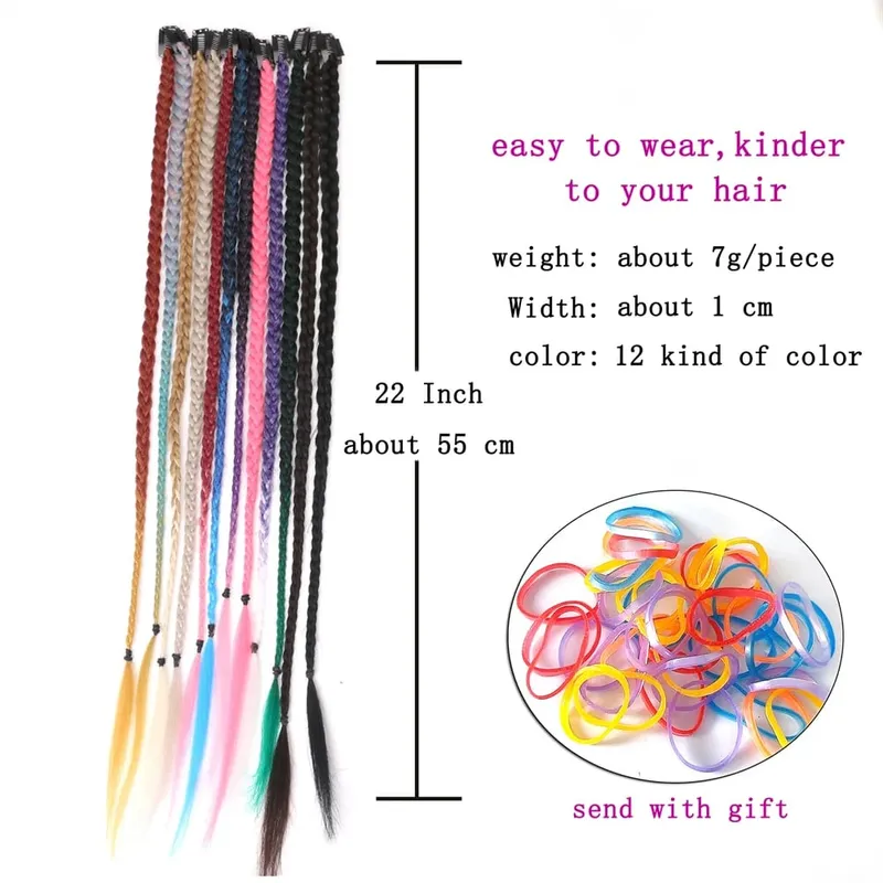 Extensions synthétiques à clips pour femmes, 5 pièces/lot, queue de cheval tressée arc-en-ciel, postiche ombré de 22 pouces, tresse en boîte avec Clip — image 4