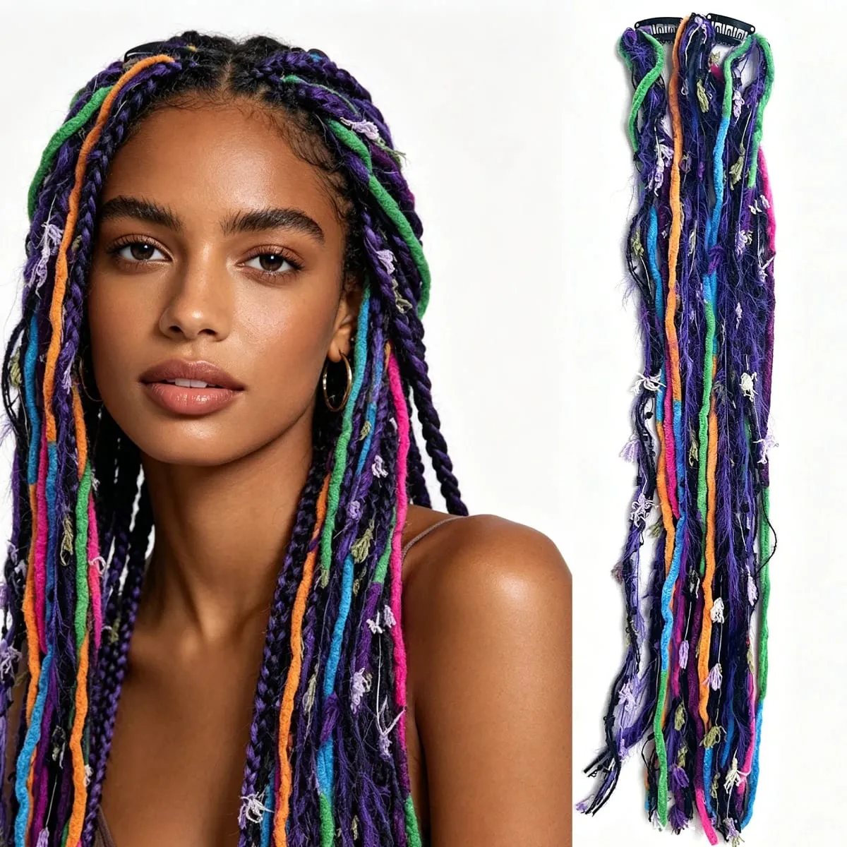 Sintetico 2 pezzi filato di lana Dreadlock clip estensioni dei capelli Maillard lungo Boho nappa colorata trecce vintage capelli per donna — image 8