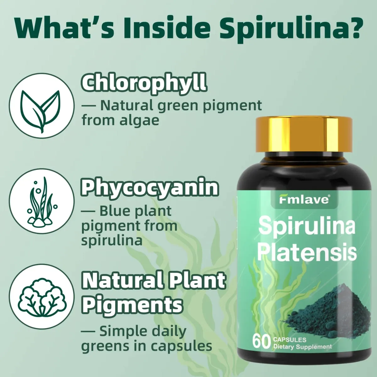 Fmlave Supplements Spirulina Orgânica - Suplemento de superalimento de algas verdes azuis rico em proteínas para energia e suporte imunológico 60 cápsulas vegetarianas — image 5