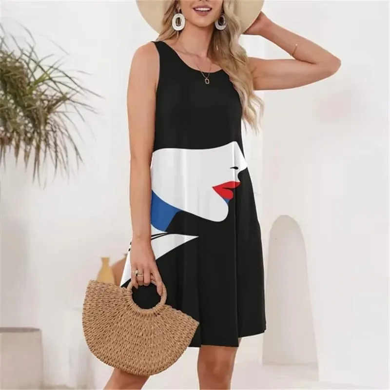Mini abiti moda donna con motivo viso Mini abiti estivi senza maniche con stampa 3D Abito da donna da strada 3XL Abito casual taglie forti