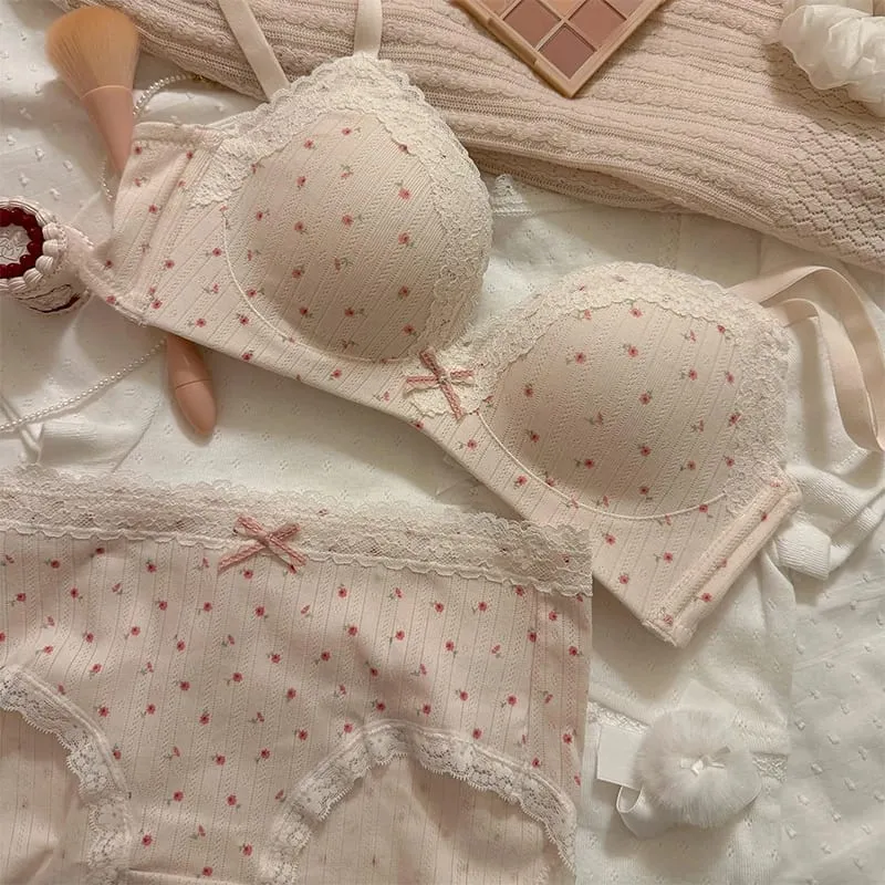 Sweet Girl Lace Edge Floral Bra Set Women Non-steel Ring Beauty Back No Steel Hoop Anti Sagging Underwear Cotton Comfortable Bra — image 3