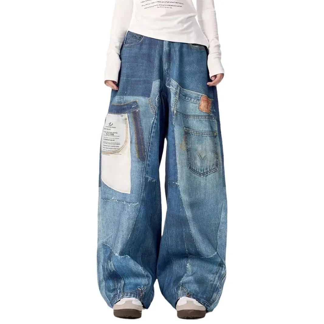 2025 American High Street Retro Design Patch Splicing Printed Jeans Men's and Women's Loose Straight Wide-leg Trousers — image 6