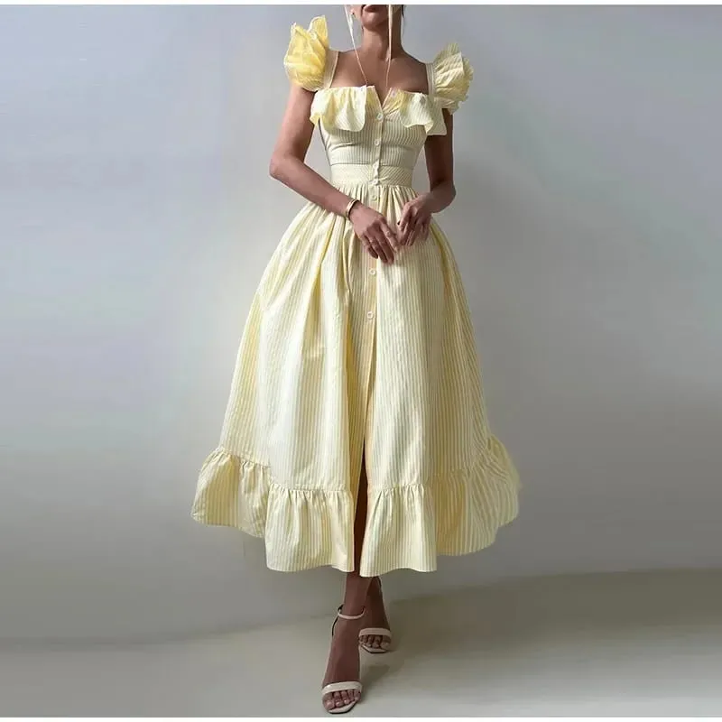 Flying Sleeves Striped Long Dresses Woman Elegant Single Breasted A-Line Robes Female Chic High Waist Summer Lady Robes Holiday