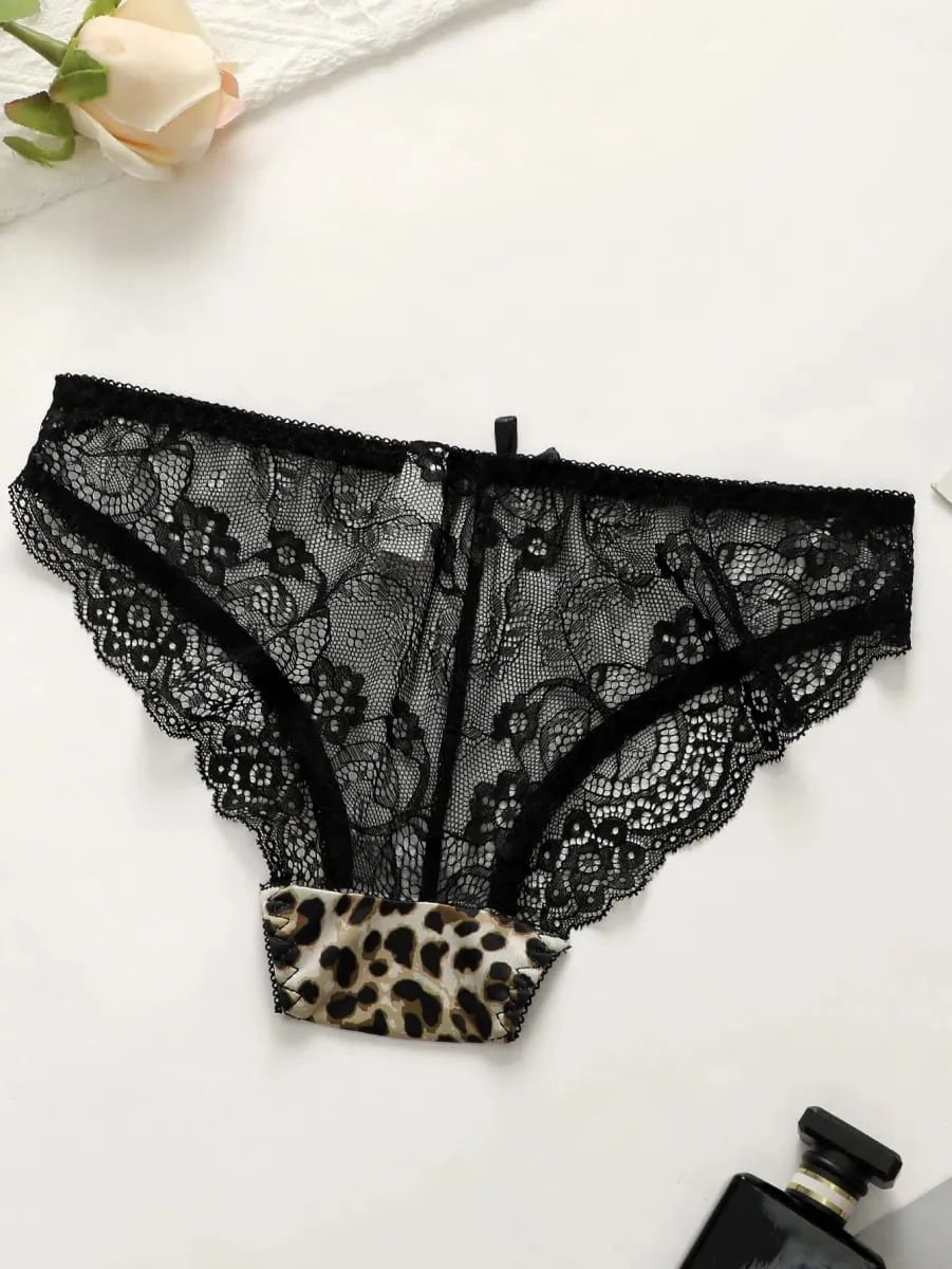 Set pakaian dalam seksi wanita Bra pola macan tutul dengan penutup depan cincin baja celana dalam berenda yang nyaman dan sejuk