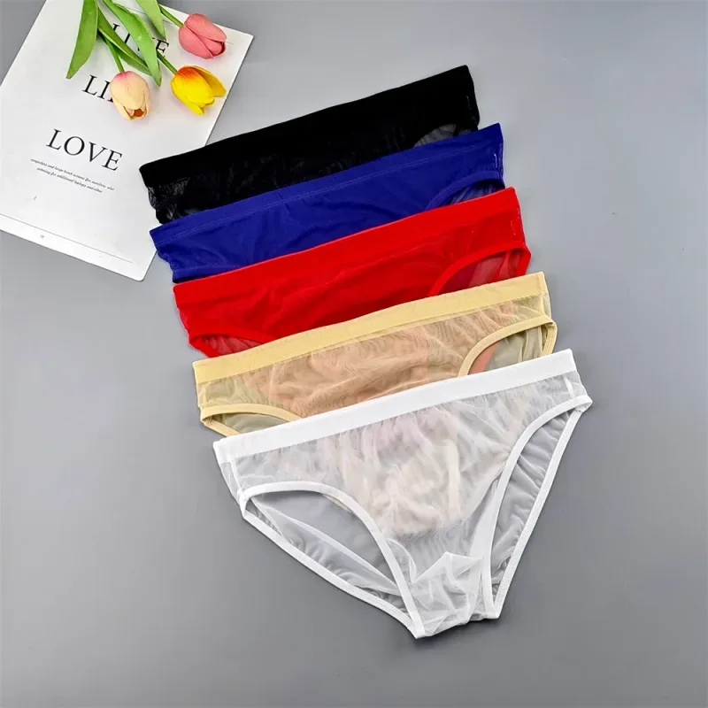 남성용 5pcs 투명 메쉬 속옷 울트라 얇은 관점 미드 라이즈 남성 파우치 슬립 옴므 팬티 플러스 사이즈