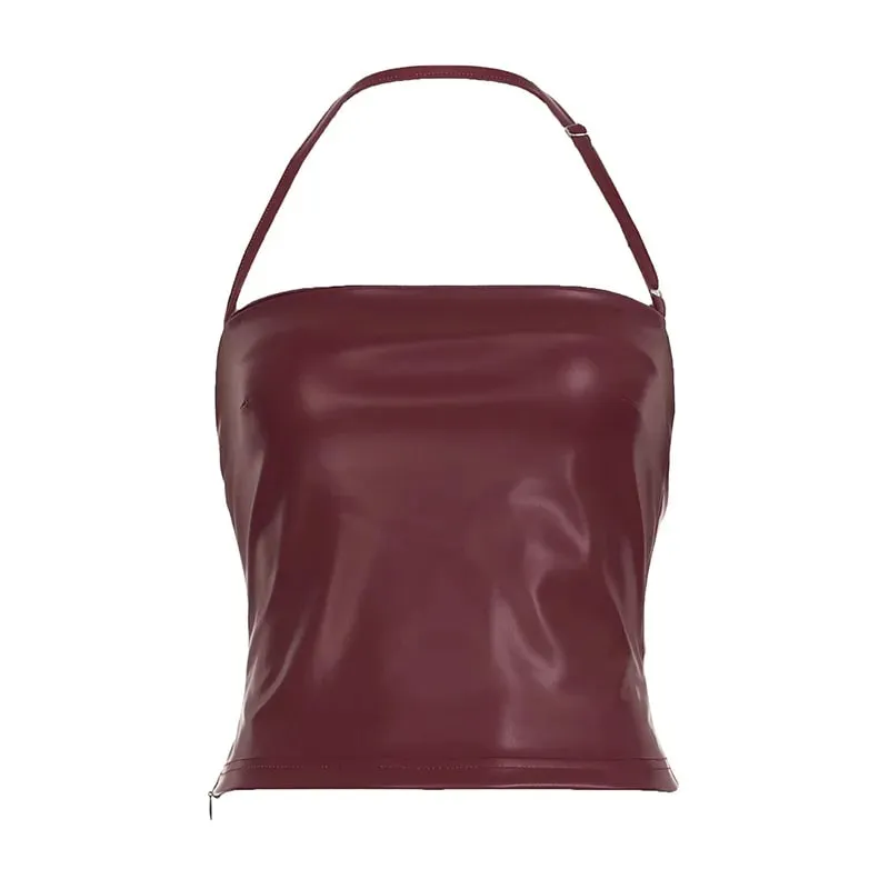 Tracolla appesa su una spalla in PU rosso vino. Gilet senza schienale regolabile caldo e sexy per uso esterno