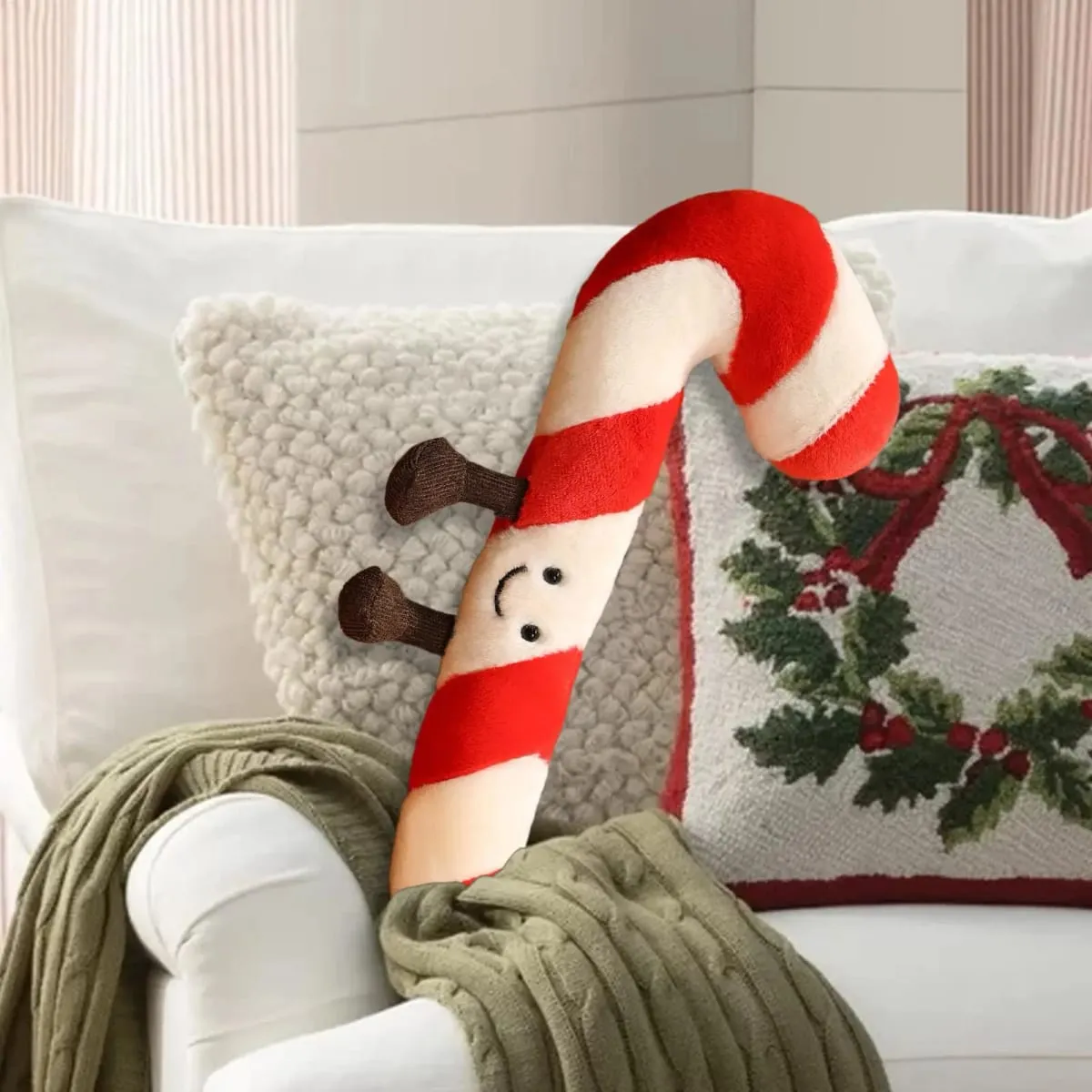 Candy Cane Bantal Baling Krismas 12 Inci - Bantal Hiasan Perayaan untuk Dewasa Kanak-kanak Bilik Tidur Ruang Tamu & Pengapit Stok