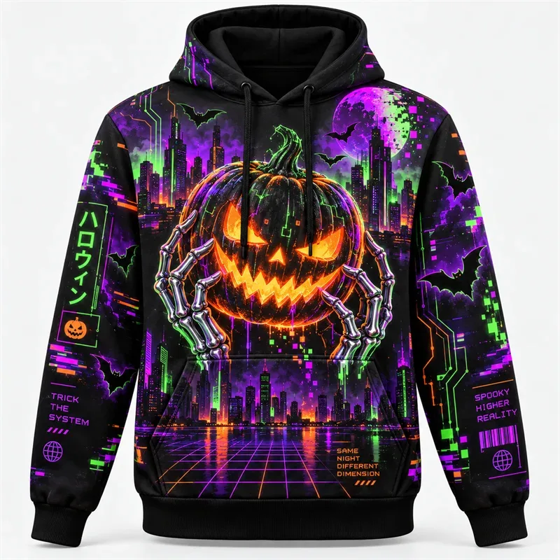 Halloweenská mikina s kapucí 3D celoplošný potisk Polyesterová mikina Gothic Ghost Pumpkin Bat Witch Lebka Horror Streetwear Pulovr Unisex — image 2