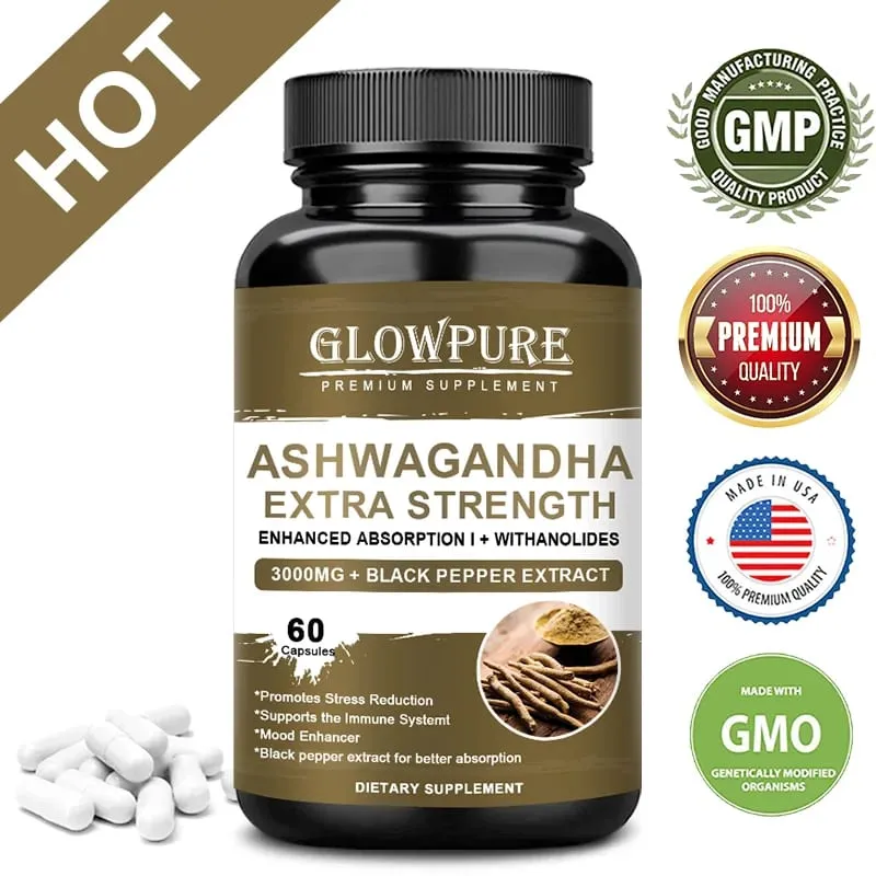 Capsules d'extrait de racine d'Ashwagandha pour l'humeur, le stress, la santé, le sommeil, le calme du cerveau, soutien énergétique, formule premium sans OGM