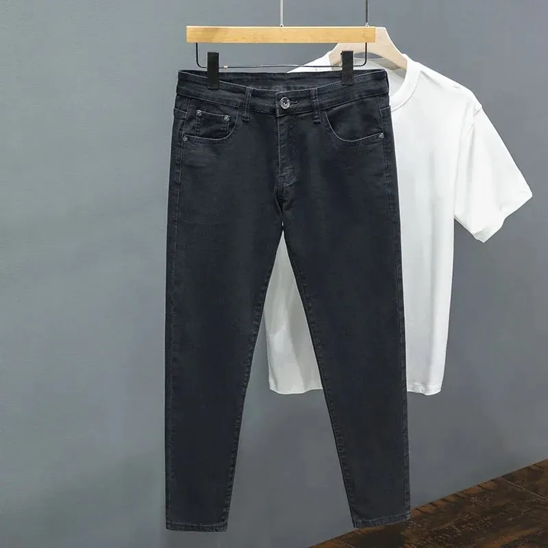 Jean Slim pour hommes, pantalon en coton fin, doux, élastique, tendance, longueur cheville, droit, Simple, coréen, Denim, printemps été