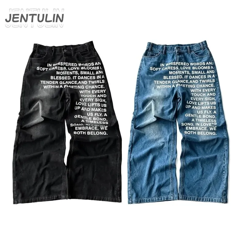 American Retro Lelaki Seluar Jeans Bercorak Huruf Bercorak Jalan Tinggi Y2K Goth Wanita Uniseks Longgar Kasual Seluar Mop Kaki Lebar — image 2