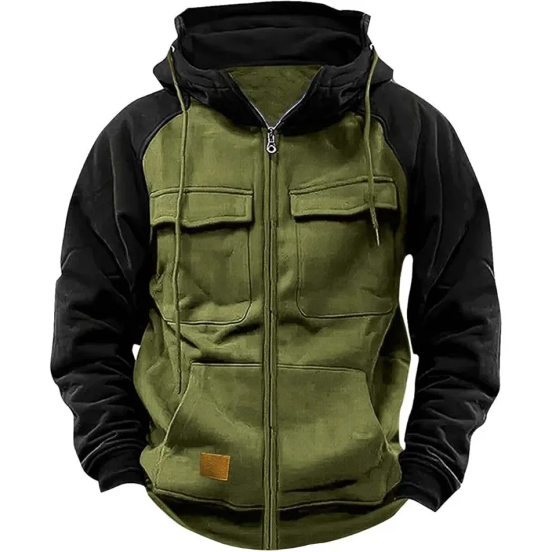 Men's Hooded Sweatshirt Zipper Patchwork Fleece Jacket Warm Sporty Autumn Winter with Multiple Pockets Fashionable Hood — image 4