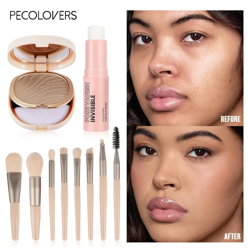 10 stk alt-i-én base makeup kit pore minimerende primer stick mat setting pulver og 8 stk professionel makeup børster sæt — image 3