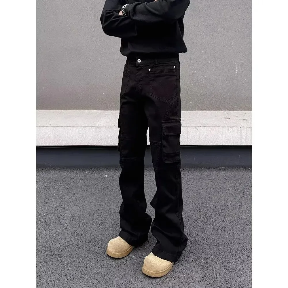 สไตล์อเมริกัน Vibe ย้อนยุคอุตสาหกรรมหนักหลายกระเป๋าประกบ workwear กางเกงยีนส์ผู้ชายหลอดตรงไมโครบานบางพอดีกระทะยาว — image 1