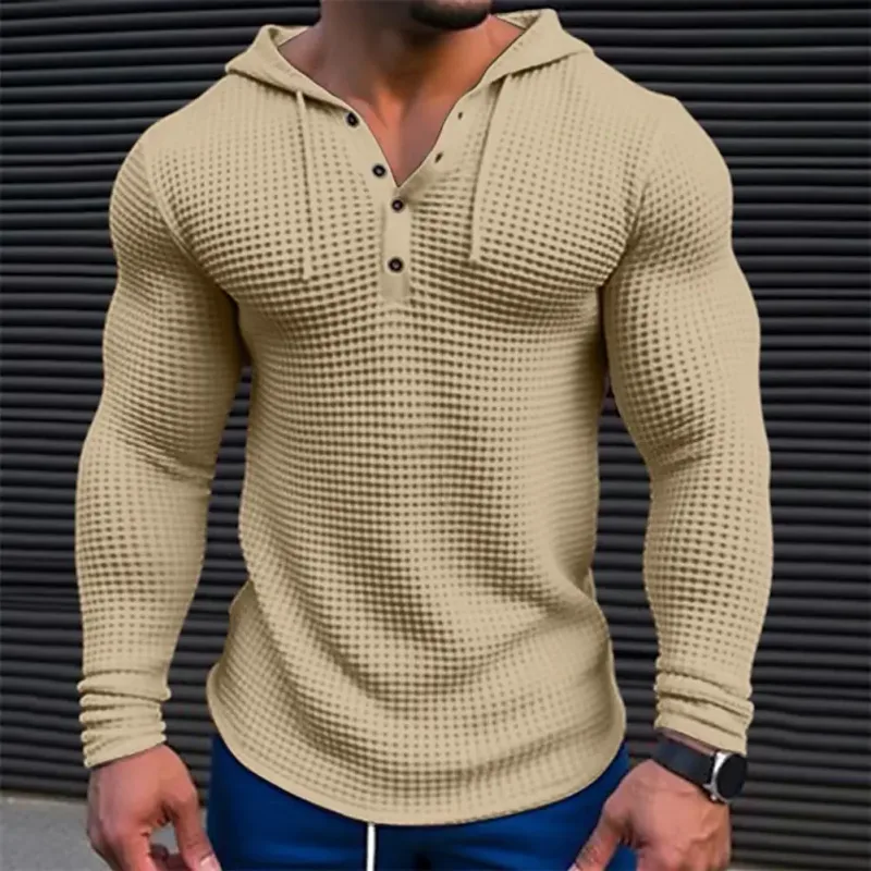Spring Solid Color Slim Fit Long Sleeved T-shirt Men's Hooded Breathable Sports Top Waffle Cotton Casual Long Sleeved Shirt — image 7