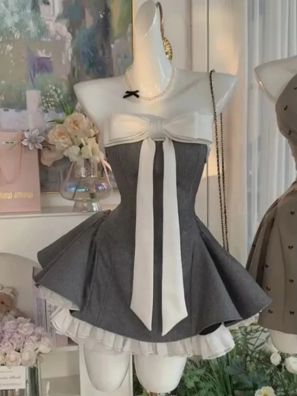 Sommer Neue Vintage Elegante Frau Kleid Liebsten Bogen Patchwork Hohe Taille Puffy Mini Kleid Weibliche Französisch Chic Sexy Outfits 2025