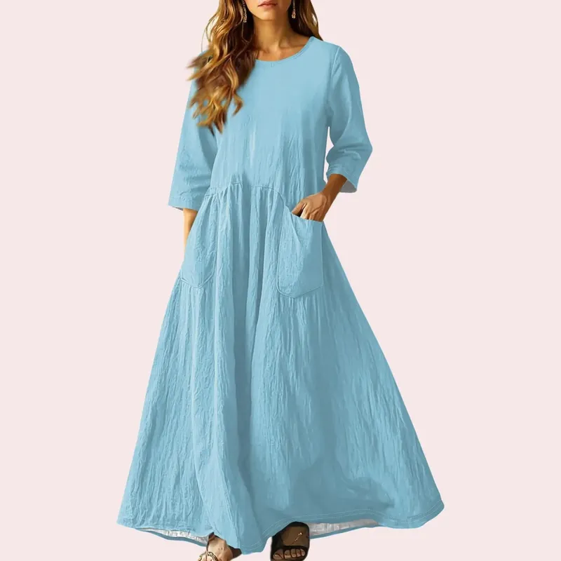 Gaun Panjang Longgar Musim Panas Wanita Warna Pejal Lengan Tiga Suku Gaun Poket Berganda Gaun Linen Leher Bulat Longgar Vestidos — image 10