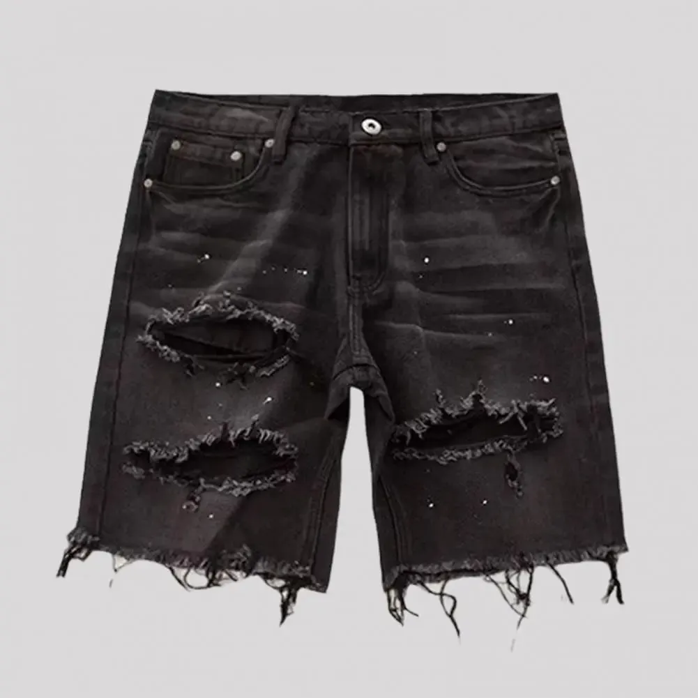 Pantaloncini estivi da uomo in denim effetto invecchiato con bottoni con cerniera e tasche multiple Jeans corti vestibilità dritta con fori strappati lunghezza al ginocchio invecchiato — image 2