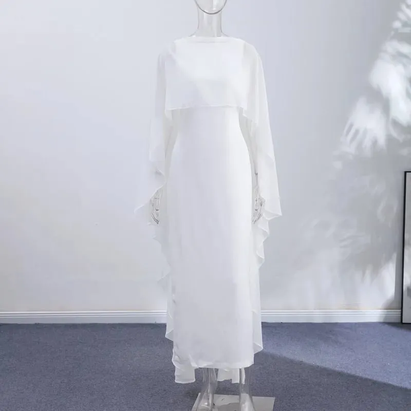 Abito maxi con scollo tondo a mantella trasparente per donna, gonna aperta sul retro, design tinta unita, elegante abito da cerimonia formale da sera femminile