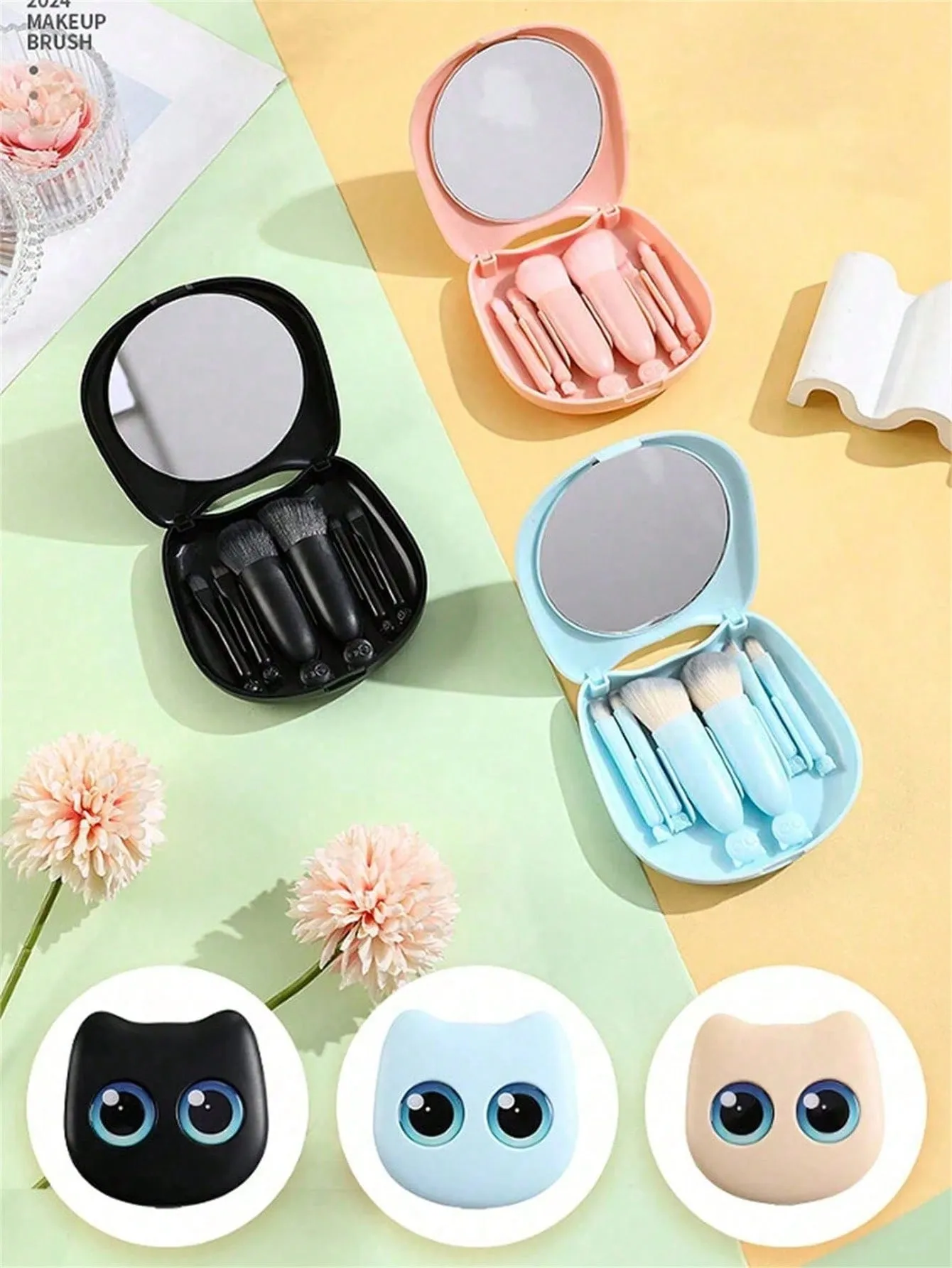 Set di pennelli per trucco portatile con design mini gatto carino da 1 scatola da 6 pezzi: pennello per ombretto e pennello per cipria e pennelli assortiti — image 1