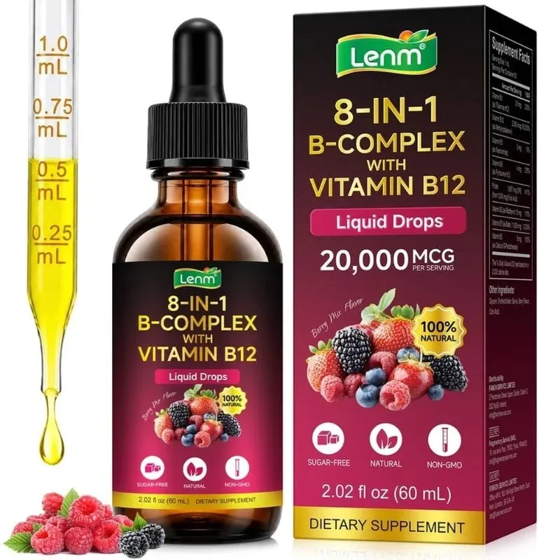 Lenm B Kompleks Sıvı Damlaları 8'i 1 arada B12 ile 2000mcg B1 B2 B3 B5 B6 B7 Enerji ve Metabolizma Desteği için Folat Şekersiz 60ML — image 8