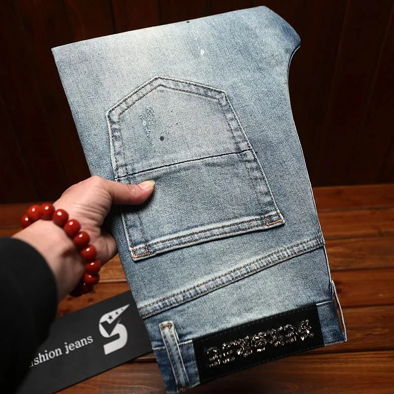 Zerrissene Patch-Jeans für Herren, abgenutzt und abgenutzt, schmal geschnitten, für den Sommer, kleine Füße, elastisch, modisch, nostalgisch, lange Hose im Retro-Stil — image 3