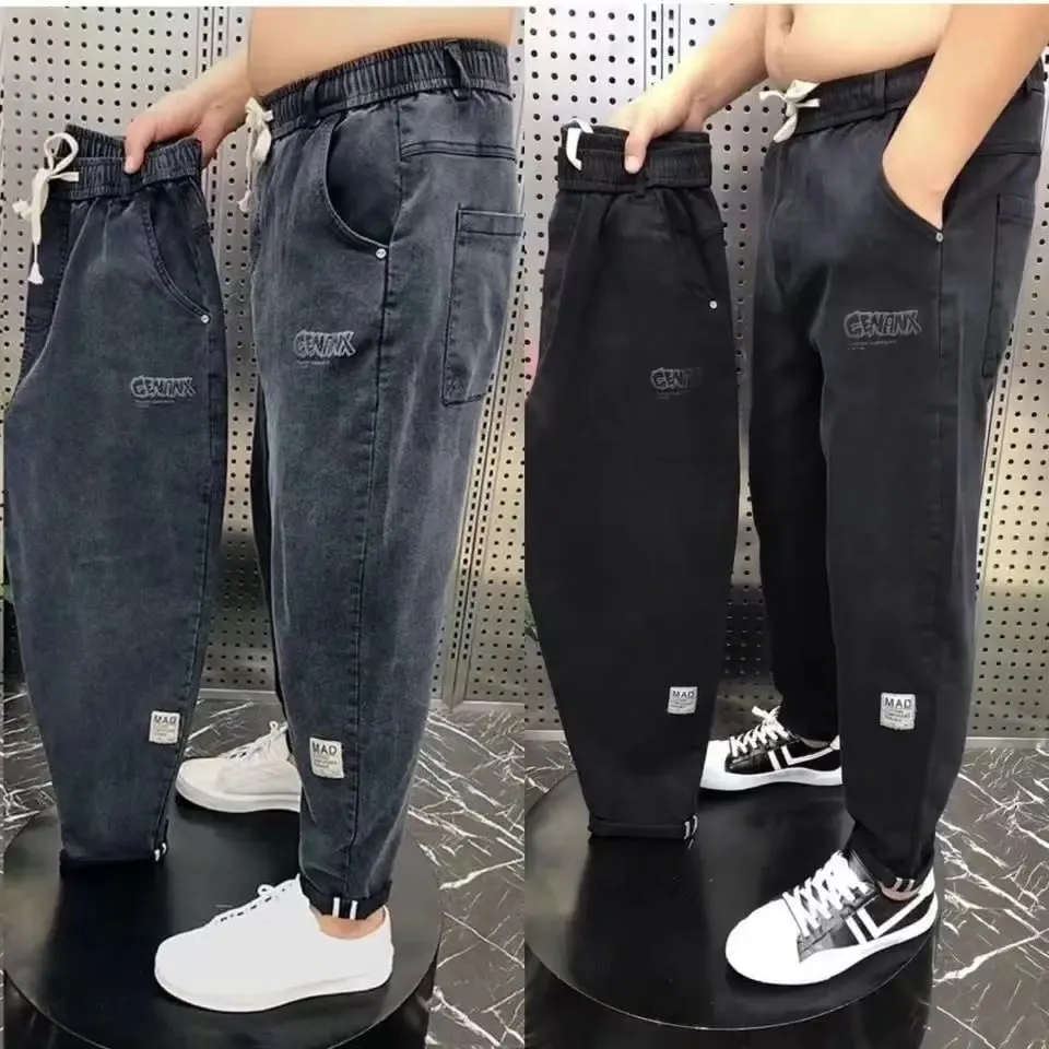 Harajuku Stretch Korea Streetwear Loose Solid Denim Jeans Elastic Waist for Men Spring Summer New plus size 7XL 8XL Casual Pants — image 2