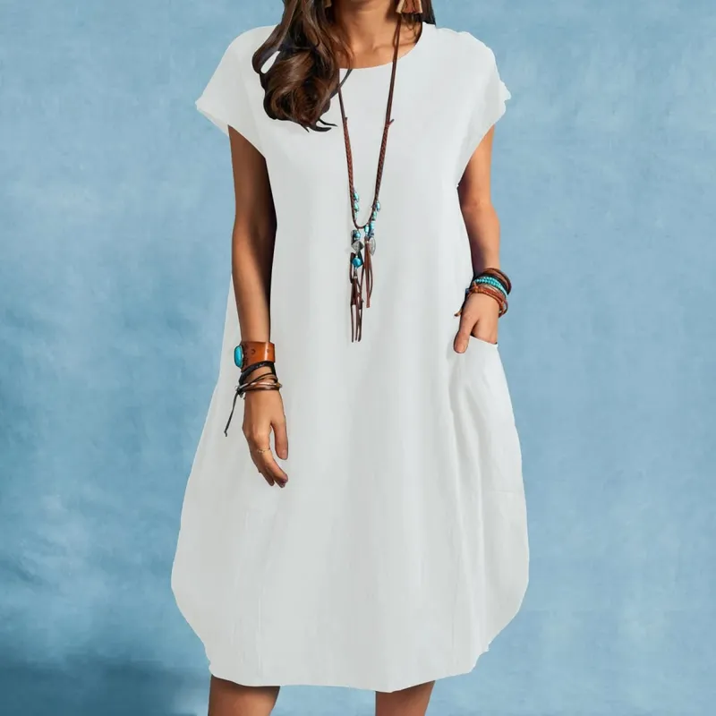 Frühling und Sommer Europa und die Vereinigten Staaten Amazon Stand Alone eBay Baumwolle Leinen Lose Lässige Reine Farbe Taschenkleid Damen — image 3