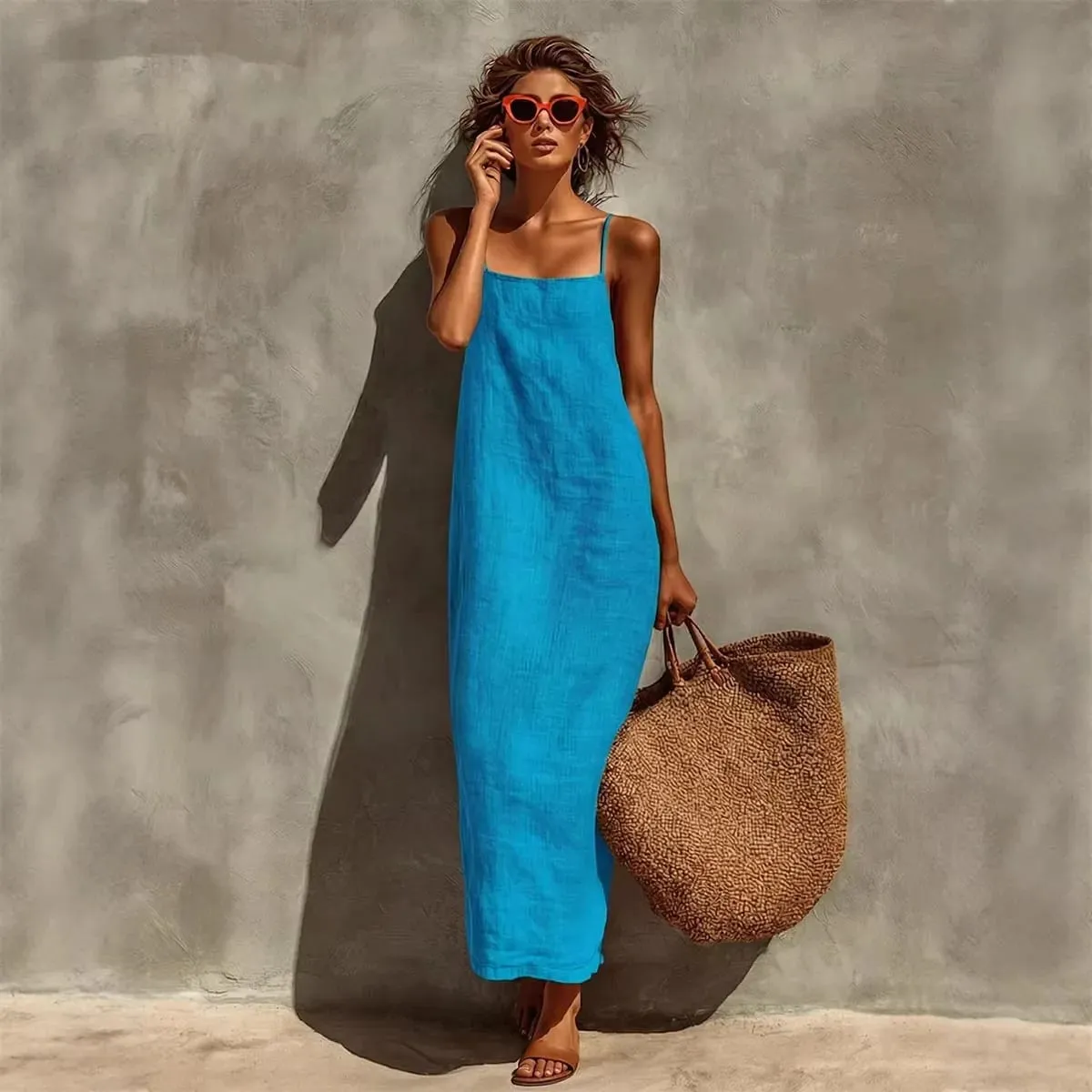 ฤดูร้อนผู้หญิงสีทึบสบายๆลื่น Sundress ทราย Beachwear แขนกุดหลวม Maxi ยาวชุดวันหยุด — image 2