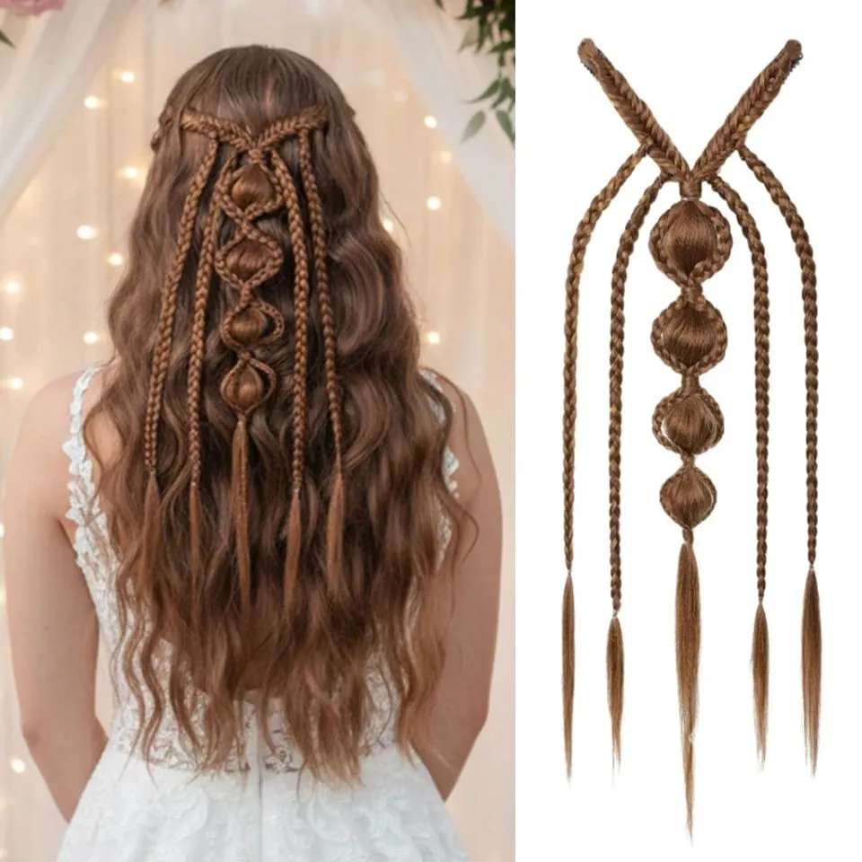 Synthetische Clip-in-Zopf-Haarverlängerungen – Boho-Festival-Prinzessin-Zopf-Haarverlängerung, Feen-Cosplay-Hochzeits-Haarteil für Frauen — image 9