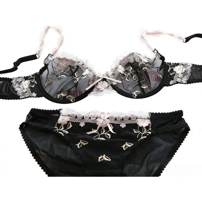 Ensemble de soutien-gorge non doublé de style Français | Demi-tasse minimiseur en dentelle pour grande taille de bonnet, sans rembourrage, fine, transparente, Anti-affaissement, Lingerie BANERDANNI — image 2