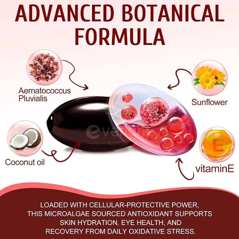 Suplementos de astaxantina 24 mg Fuente de microalgas frescas Aceite de semilla de uva Ashwagandha - Antioxidantes para el envejecimiento saludable de la piel y los ojos — image 4