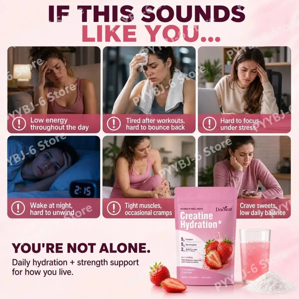 Docteat Creatine Powder Elektrolit Kolagen Vitamin C Biotin Tanpa Gula Perisa Strawberi Wanita Fitness Wellness 30 Hidangan — image 5