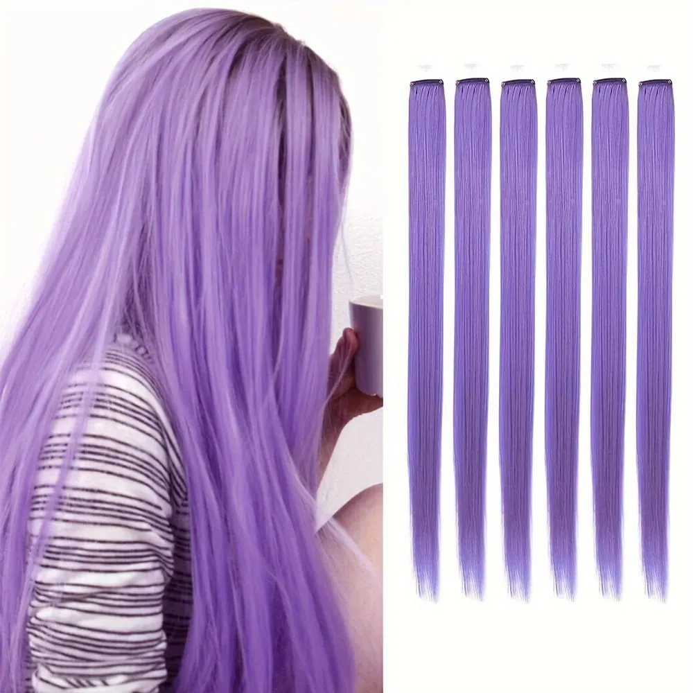 6 Stück/Packung, farbige Party-Highlights, Clip-in-Haarverlängerungen, 22 Zoll, mehrfarbig, glattes Haar, synthetische Haarteile — image 15