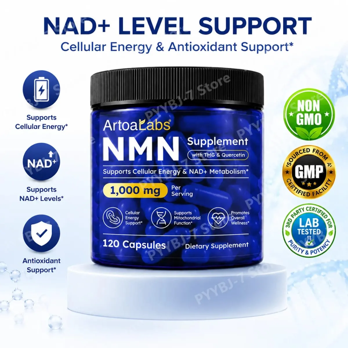 NMN Capsules NAD+ et soutien énergétique cellulaire avec TMG Quercétine Resvératrol Fonction mitochondriale et santé antioxydante 120 unités — image 2