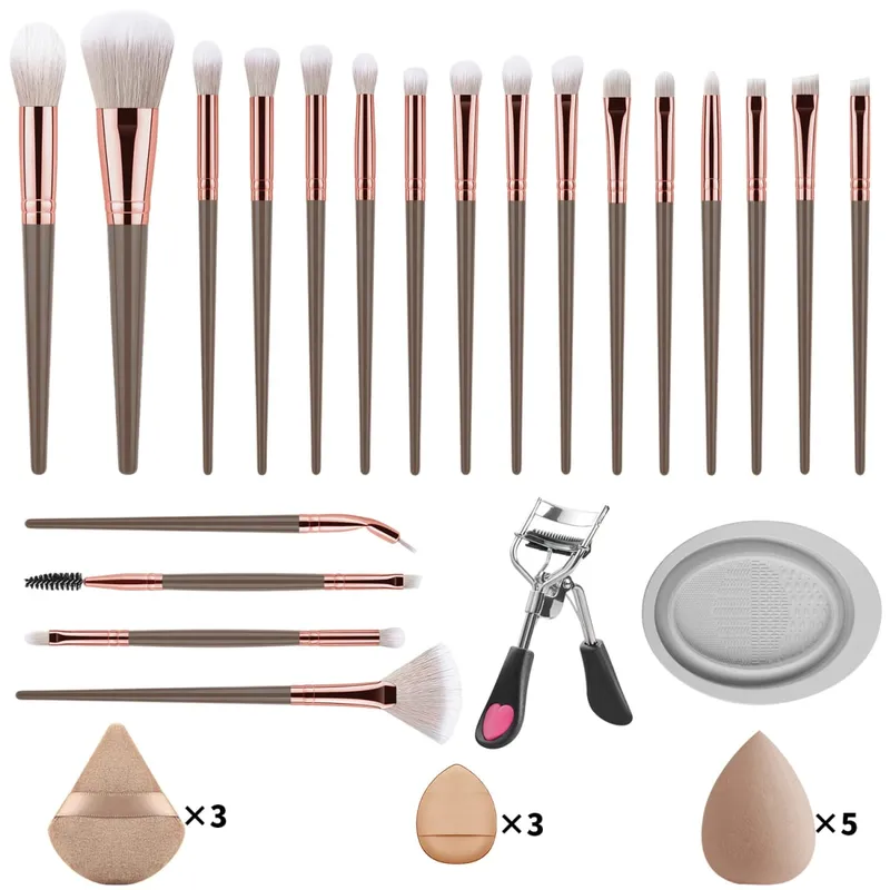 33 Buah Kit Alat Rias 20 Kuas Rias dengan Mangkuk Pembersih Puff Bedak Set Rias Mata Wajah Penuh Penjepit Bulu Mata — image 8