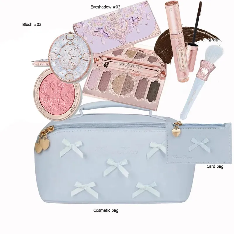 Flowerknows All-In-One-Mackup-Set in Geschenkbox. Flower Knows Glitzer-Lidschatten-Palette, Rouge, langanhaltender Glanz-Lippenstift mit Tasche