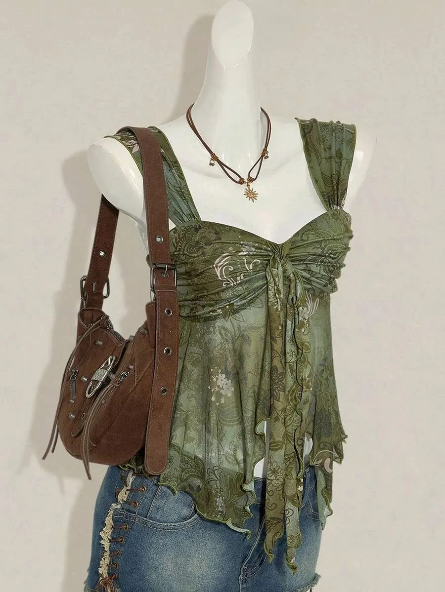 Top da donna con scollo a cuore, senza schienale, in rete, con pieghe, cinturino a pieghe, top corto a trapezio, estivo, sexy, carino, elegante, morbido e confortevole — image 4