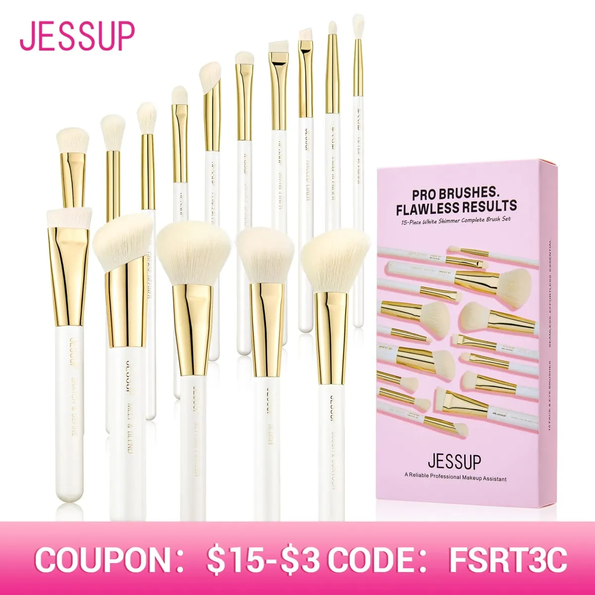 제섭 메이크업 브러쉬 세트 15pcs 화이트 메이크업 브러쉬 파운데이션 컨투어 컨실러 프리미엄 합성 아이섀도 화장품 도구 T518 — image 1