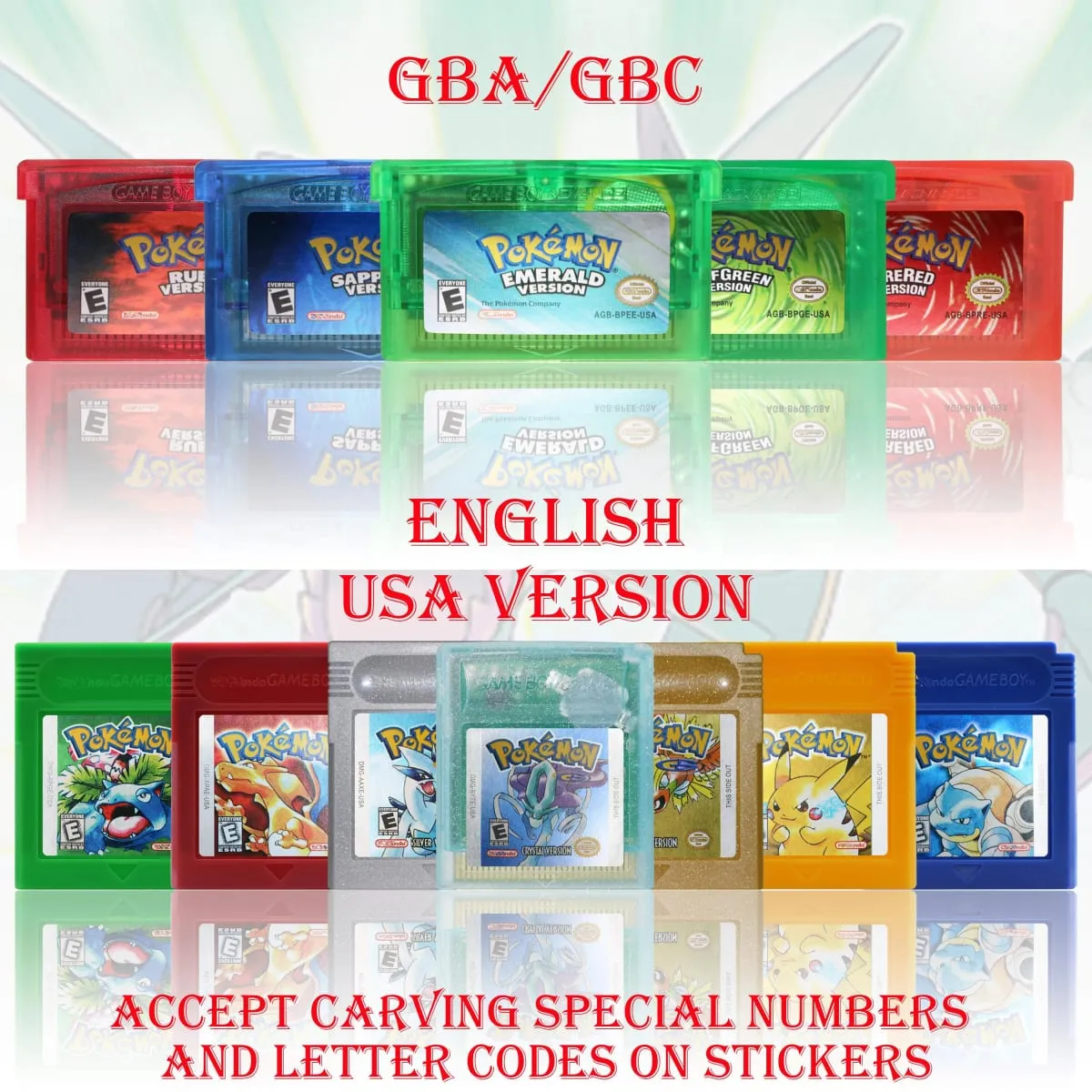 GBC/GBA Versione USA Pokemon Blu/Cristallo/Smeraldo/Rosso Fuoco/Verde Foglia Cartuccia di Gioco Scheda per videogiochi di Alta Qualità con Batteria — image 1