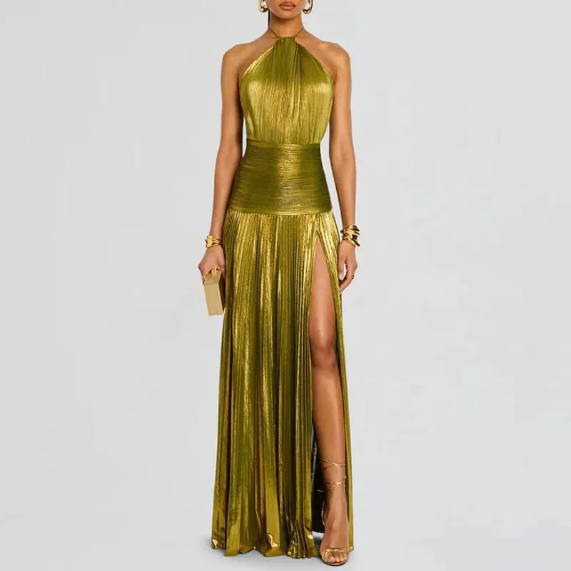 Gold Sexy Halter High Split Gowns Evening Dress Woman Chic Solid Hollow Pleated Long Dress Spring Summer Backless Zip Maxi Dress