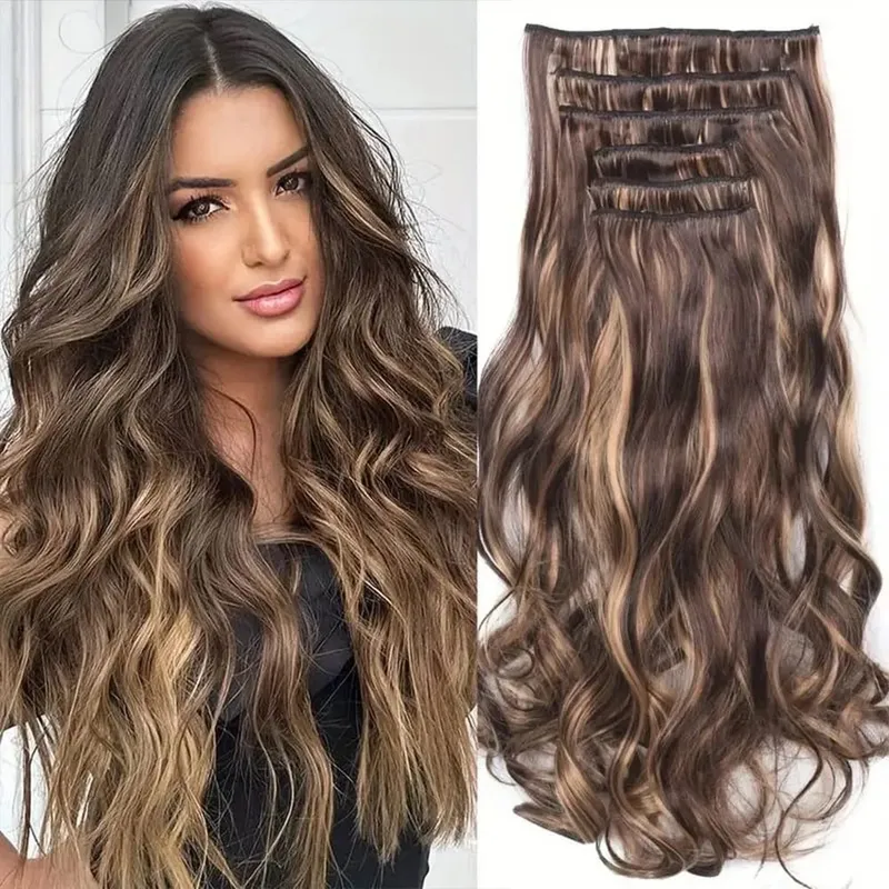 Clip in dlouhé vlnité syntetické vlasy prodlužování 24 palců černé 6ks tlusté příčesky Fiber Double Weft vlasy pro ženy — image 11