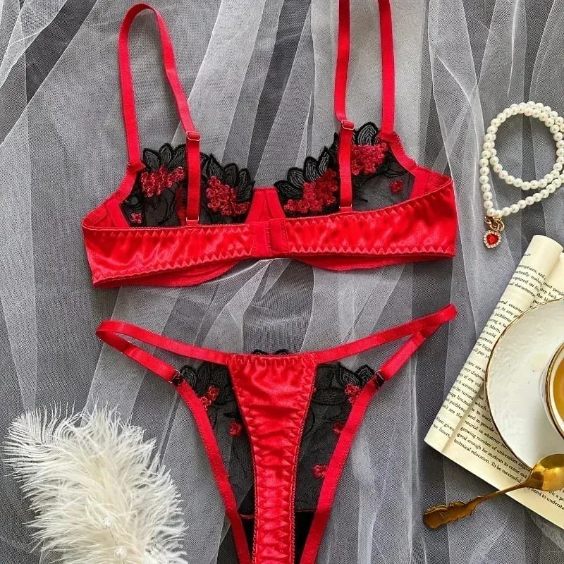 2-teiliges schwarzes, bequemes, leichtes, halbtransparentes Dessous-Set für Damen. Fancy Lingerie BH-Set mit floraler Spitze, Luxus-Unterwäsche — image 4