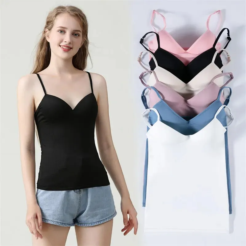 새로운 조정 가능한 패딩 브래지어 탱크 탑 여성 모달 스파게티 솔리드 캐미 탑 베스트 여성 캐미솔 내장 브래지어 피트니스 의류 — image 1