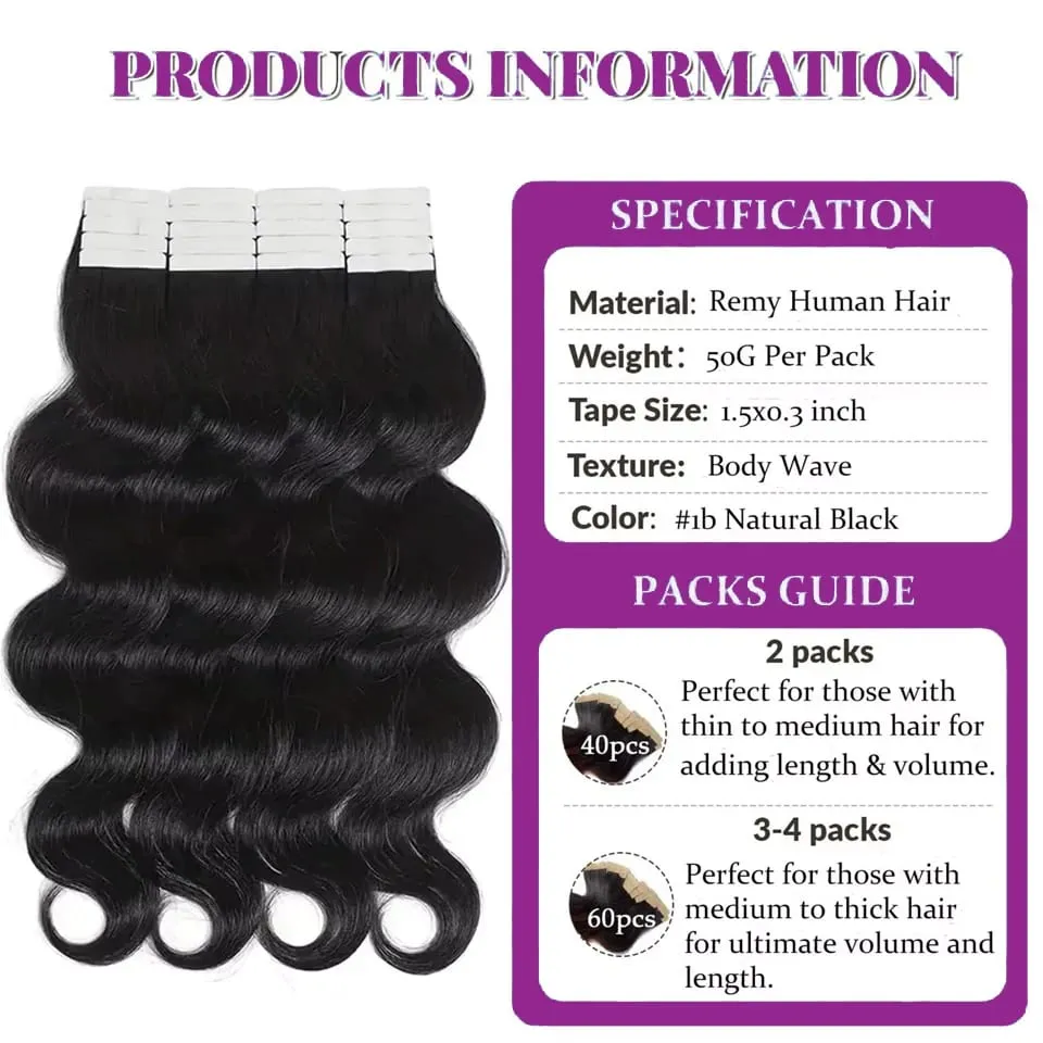 Body Wave เทปต่อผม Extensions 100% เวียดนามผมมนุษย์สีดำธรรมชาติที่มองไม่เห็นเทปสำหรับผู้หญิง 16-26 นิ้ว — image 2