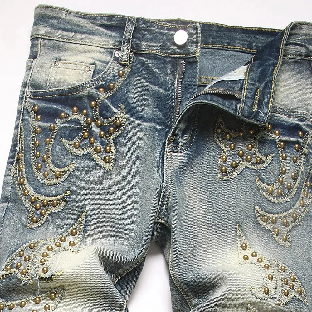 Män Slim Boot Cut Denim Jeans Punk Nit Patch Stretch Byxor Streetwear Blå utsvängda byxor — image 3